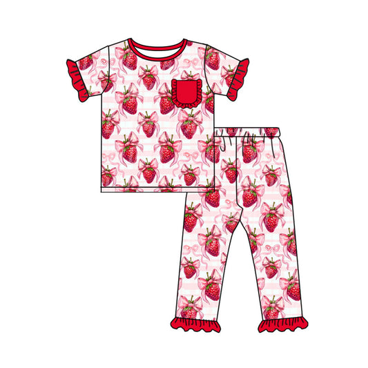 MOQ 8 preorder GSPO2089 Bows Strawberry Red Ruffle Short Sleeve Pants Girls Set 202509