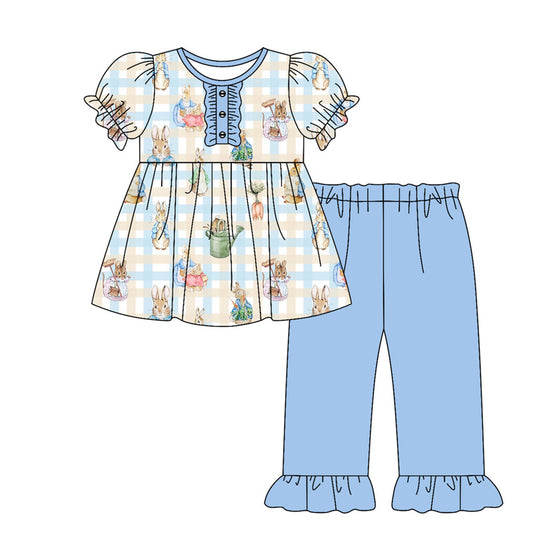 MOQ 8 preorder GSPO2094 Easter Bunny Blue Plaid Ruffle Short Sleeve Pants Girls Set 202509