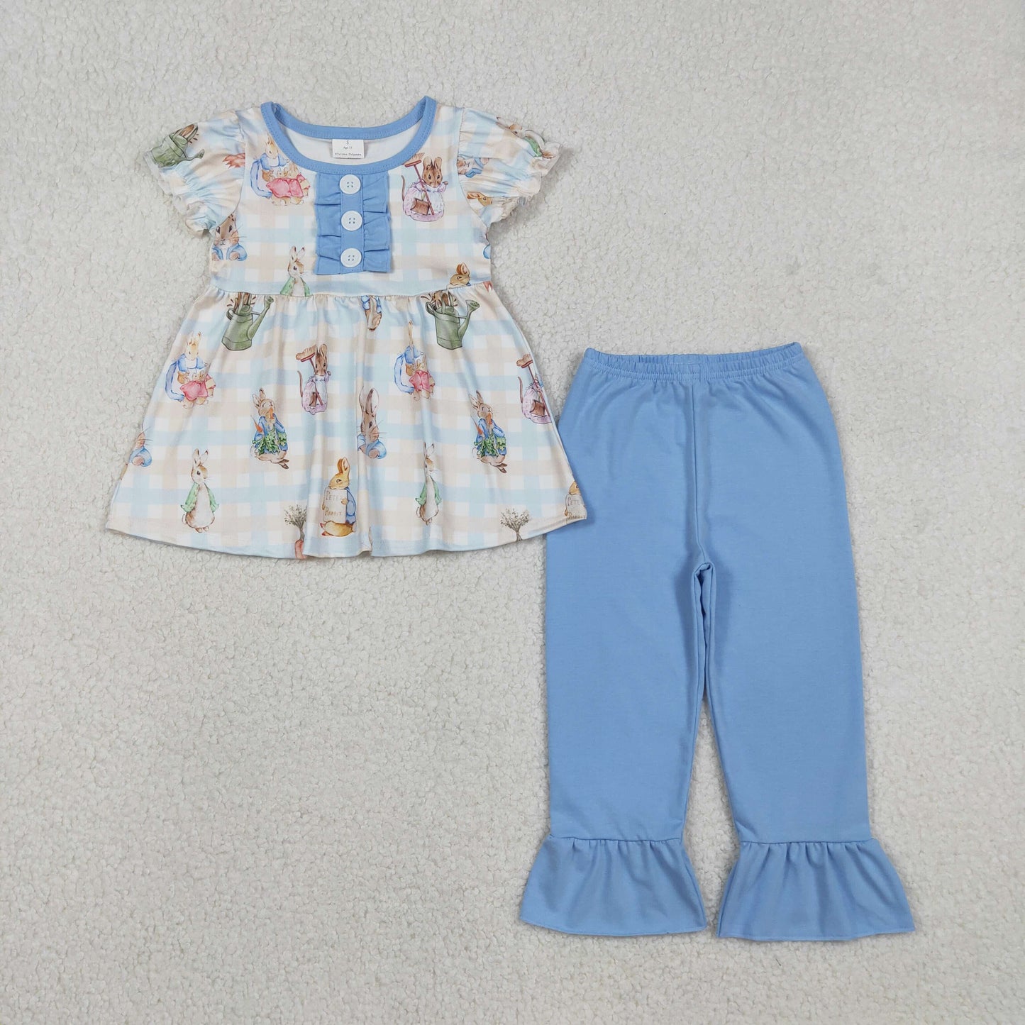 GSPO2094 Easter Bunny Blue Plaid Ruffle Short Sleeve Pants Girls Set 202512 RTS