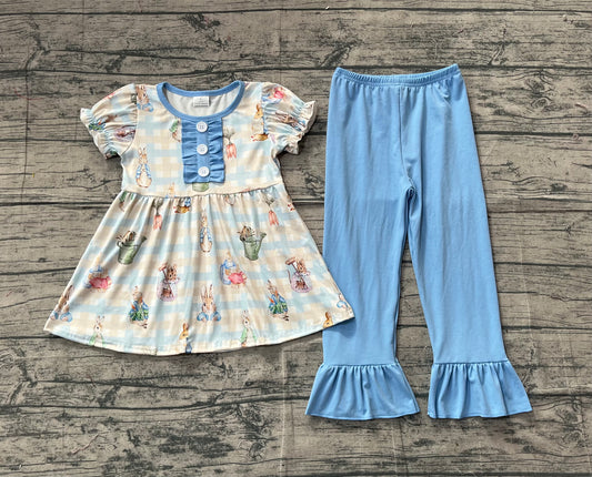 NO MOQ preorder GSPO2094 Easter Bunny Blue Plaid Ruffle Short Sleeve Pants Girls Set 202511