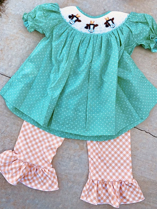 MOQ 8 preorder GSPO2094 Cow Dots Ruffle Short Sleeve Pants Girls Set 202509
