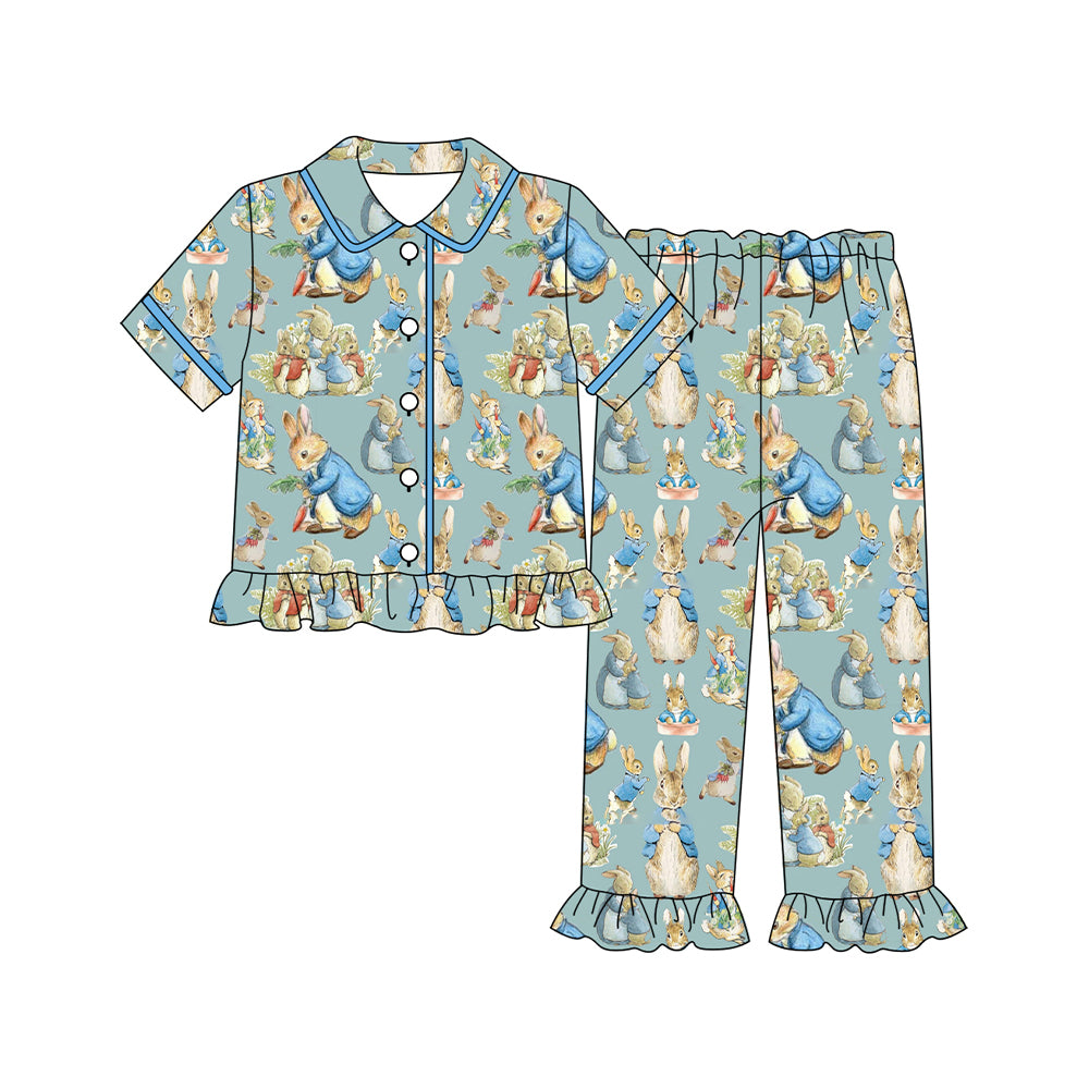 MOQ 8 preorder GSPO2097 Easter Bunny Button Polo Short Sleeve Pants Girls Set 202509