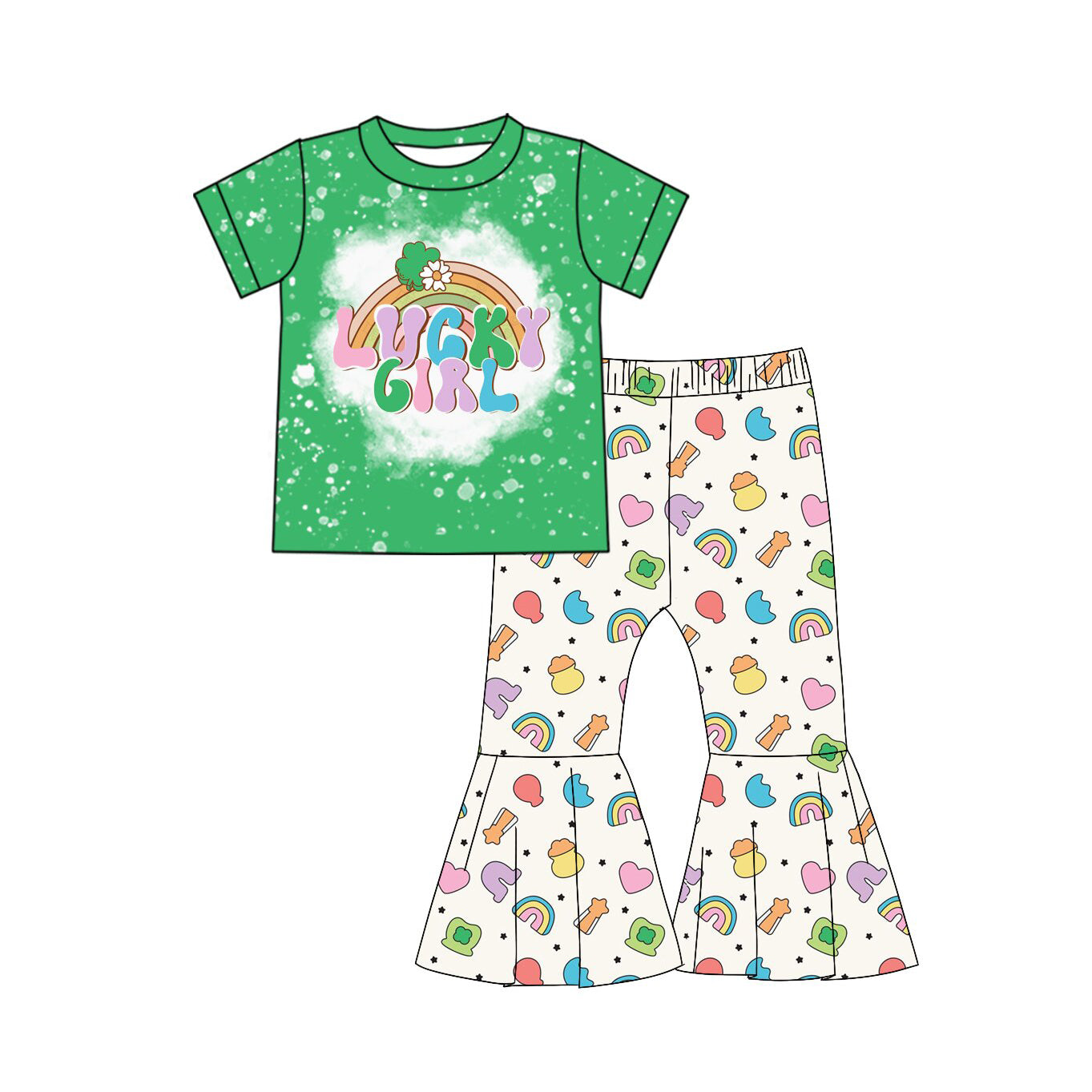 MOQ 8 preorder GSPO2101 Lucky Girl Green Short Sleeve Bell Bottom Pants Girls Set 202510