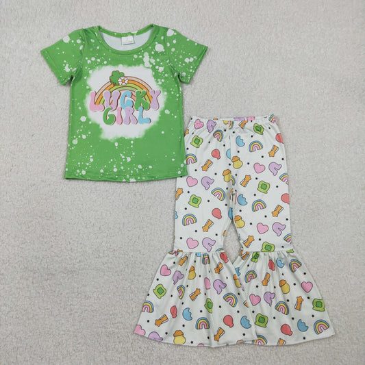 GSPO2101 Lucky Girl Green Short Sleeve Bell Bottom Pants Girls Set 202602 RTS