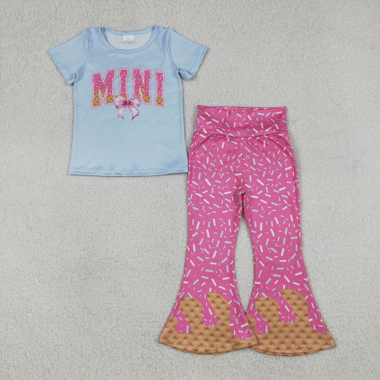 GSPO2107 MINI Waffle Ice Cream Drip Clothes Blue Short Sleeve Pink Bell Bottom Pants Girls Set 202512 RTS