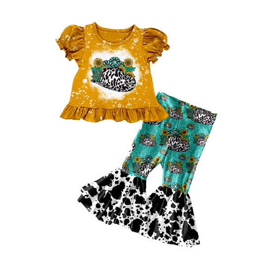 MOQ 5 preorder GSPO2115 Sunflower Emerald Hat Orange Short-Sleeved Ink Pattern Pants Girls Set 202510