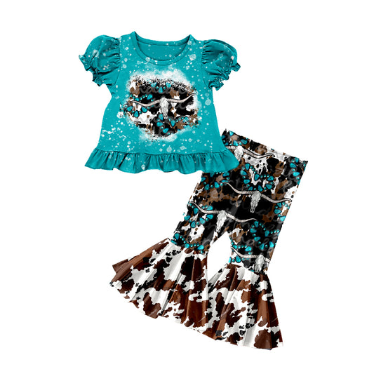 MOQ 5 preorder GSPO2116 Alpine Bull Head Emerald Ink Pattern Short-Sleeved Pants Girls Set 202510