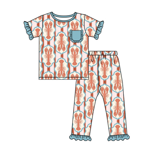MOQ 5 preorder GSPO2118 Mardi Gras Crayfish Blue Green Ruffle Pocket Short-Sleeved Pants Girls Set 202510
