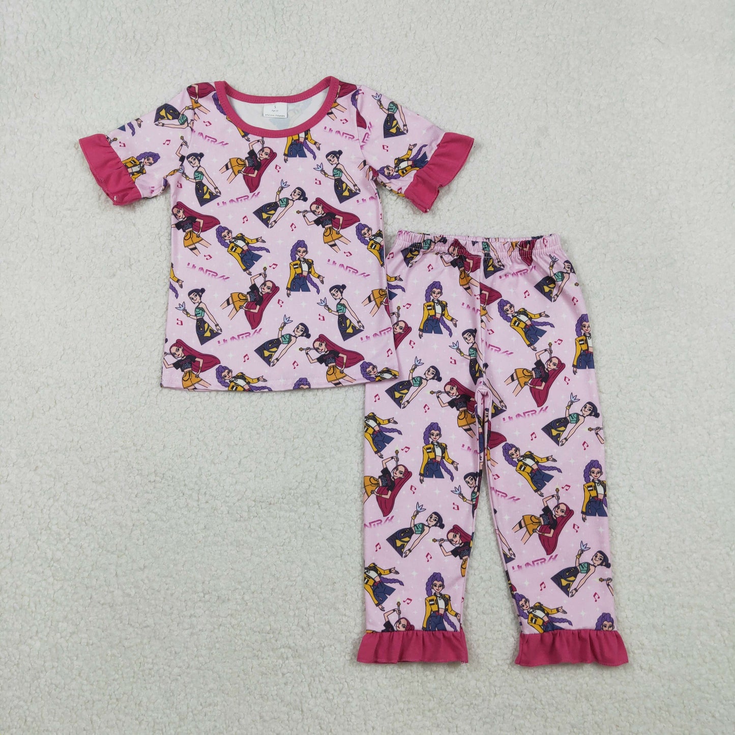 GSPO2121 Kpop Rose Red Ruffle Short Sleeve Pants Girls Set 202511 RTS