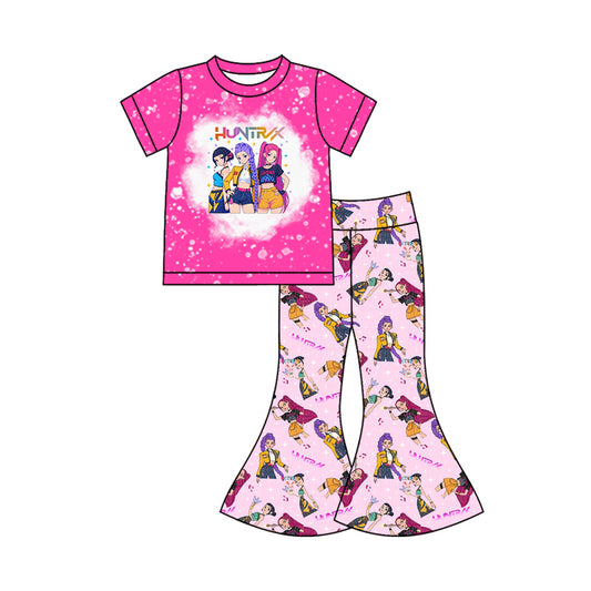 MOQ 5 preorder GSPO2122 Kpop Rose Red Short Sleeve Bell Bottom Pants Girls Set 202510