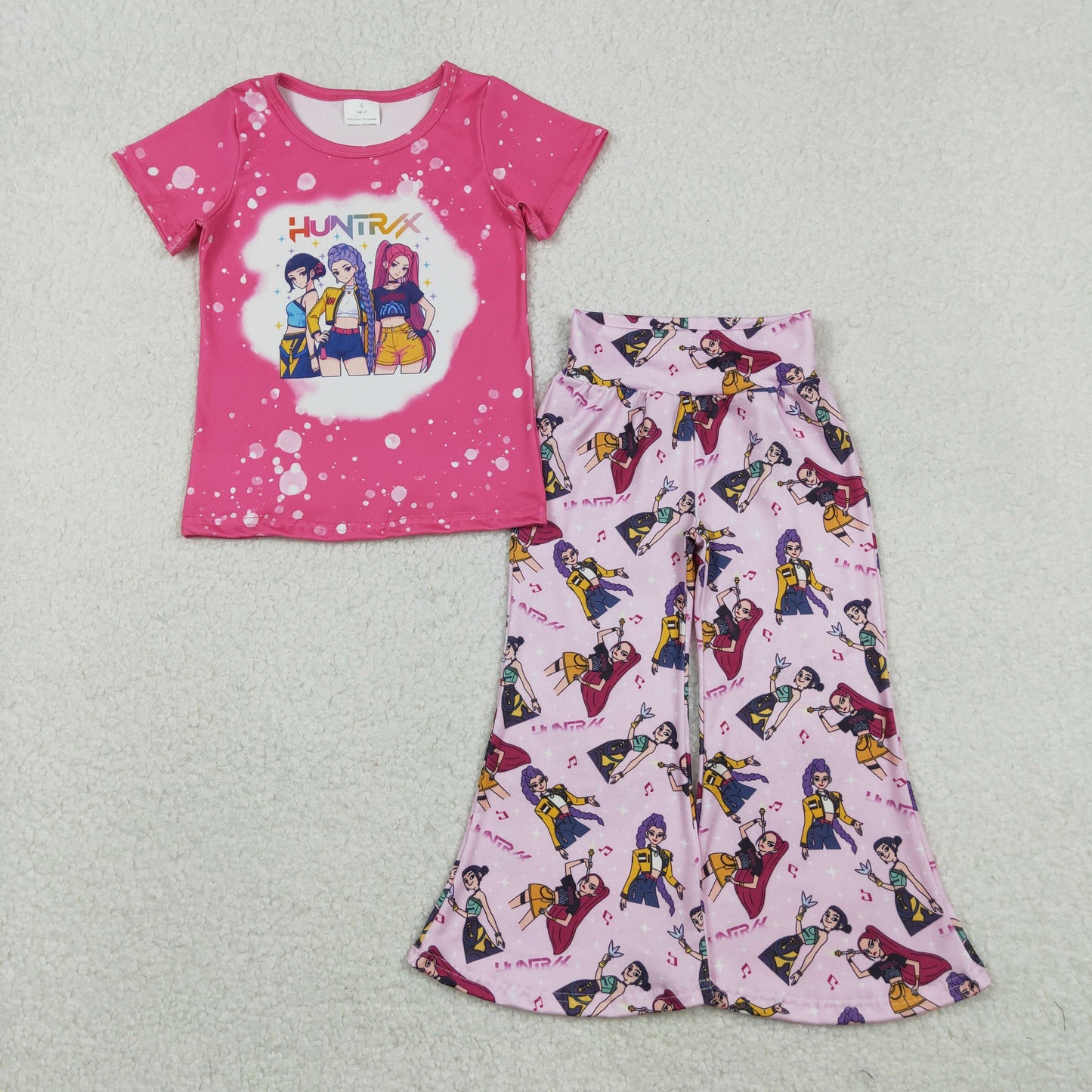 GSPO2122 Kpop Rose Red Short Sleeve Bell Bottom Pants Girls Set 202511 RTS