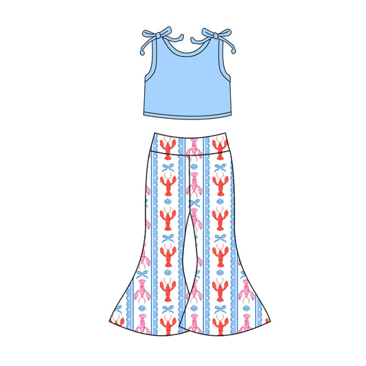 MOQ 5 preorder GSPO2123 Mardi Gras Solid Blue Sleeveless Top Crayfish Bows Bell Bottom Pants Girls Set 202510