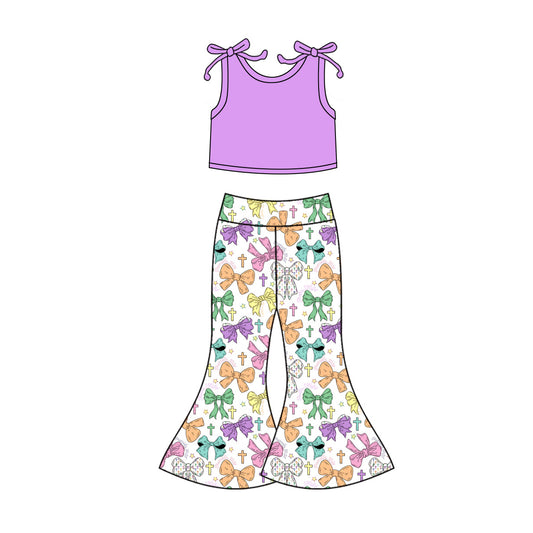 MOQ 5 preorder GSPO2124 Easter Solid Purple Sleeveless Top Cross Bows Bell Bottom Pants Girls Set 202510