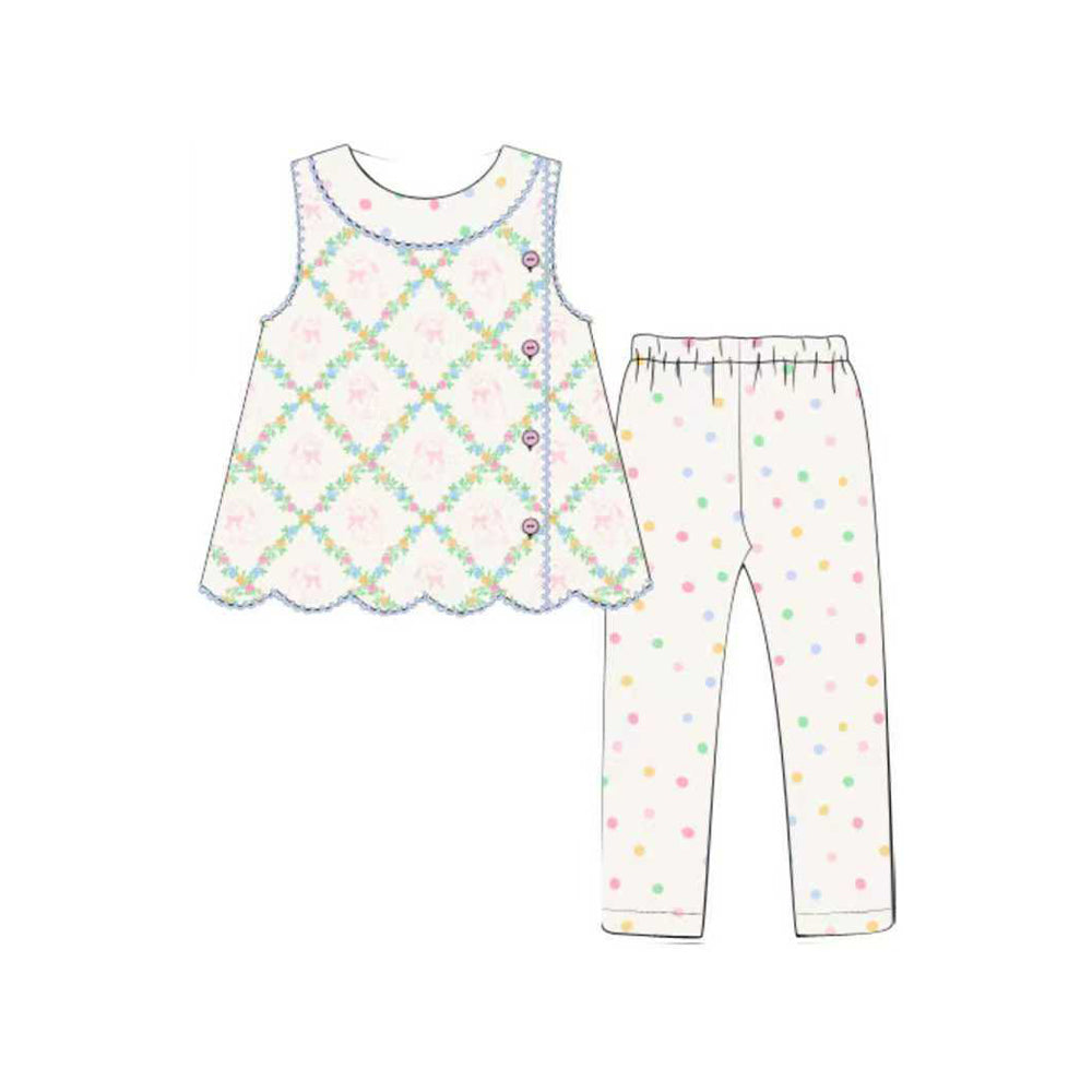 MOQ 5 preorder GSPO2126 Floral Bows Dots Sleeveless Top Pants Girls Set 202510