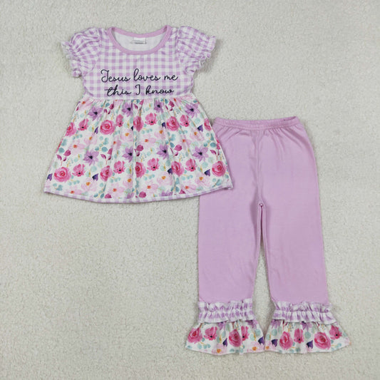 GSPO2129 Embroidered Easter jesus loves me this i know Flower Purple Plaid Puff Short Sleeve Top Pink Pants Girls Set 202512 RTS