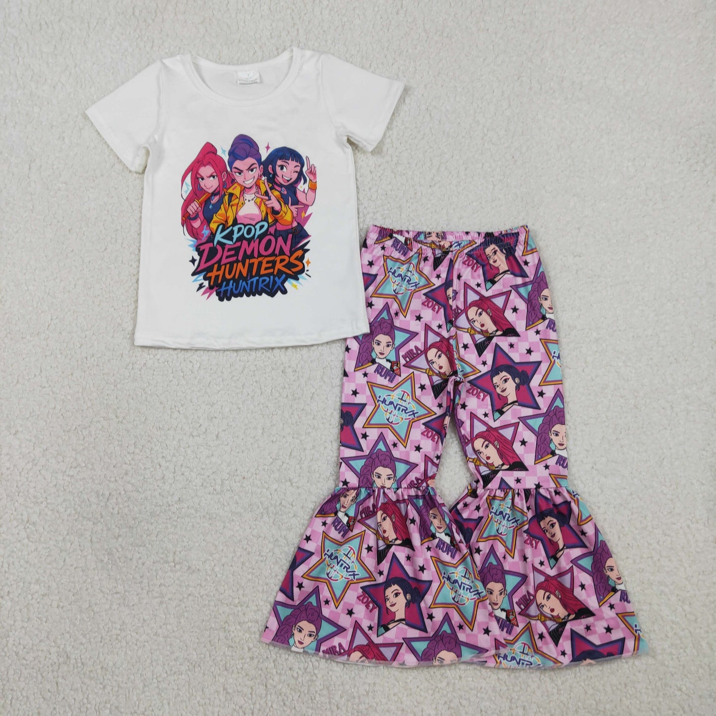 GSPO2130 K-POP White Short Sleeve Bell Bottom Pants Girls Sets 202601 RTS