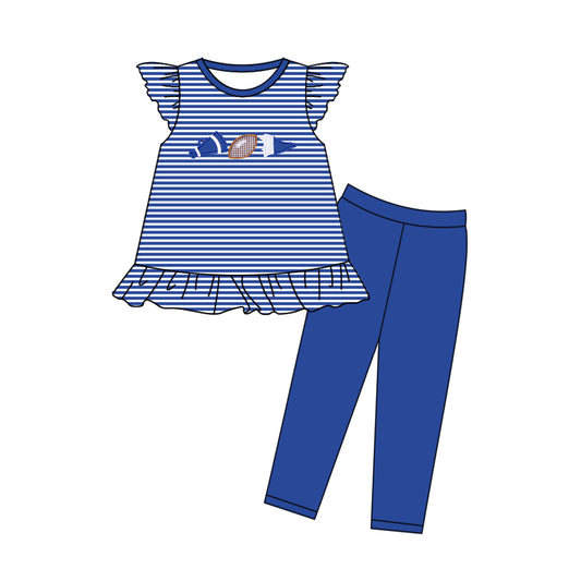 MOQ 5 preorder GSPO2132 Trumpet Rugby Blue Striped Flying Sleeve Pants Girls Set 202510