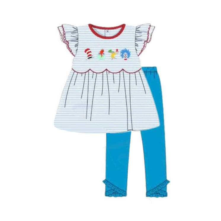 MOQ 5 preorder GSPO2136 Dr Seuss Blue Striped Flying Sleeve Pants Girls Set 202510