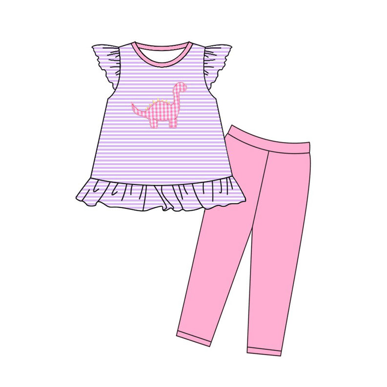 MOQ 5 preorder GSPO2138 Dinosaur Purple Striped Flying Sleeve Pink Pants Girls Set 202510