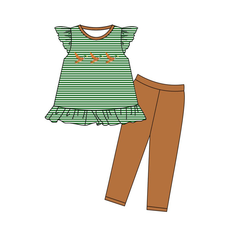 MOQ 5 preorder GSPO2139 Ducks Green Striped Flying Sleeve Brown Pants Girls Set 202510
