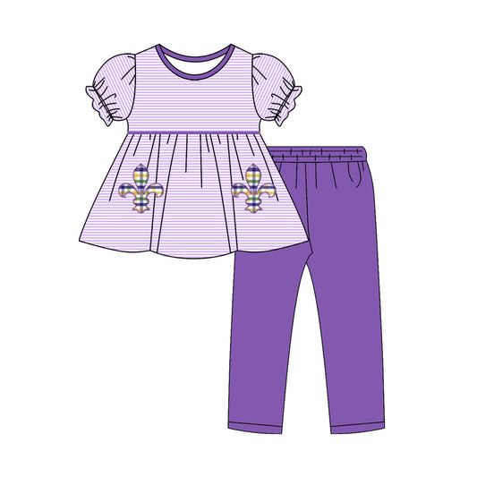 MOQ 5 preorder GSPO2143 Mardi Gras Purple Stripe Puff Short Sleeve Pants Girls Set 202510