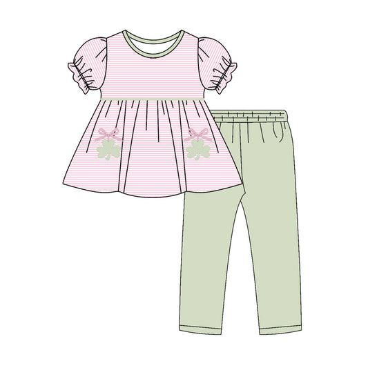 MOQ 5 preorder GSPO2144  St. Patrick's Day Bows Four-Leaf Clover Pink Striped Puff Short Sleeve Light Green Pants Girls Set 202510