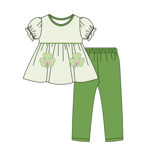 MOQ 5 preorder GSPO2145  St. Patrick's Day Bows Four-Leaf Clover Green Striped Puff Short Sleeve Pants Girls Set 202510
