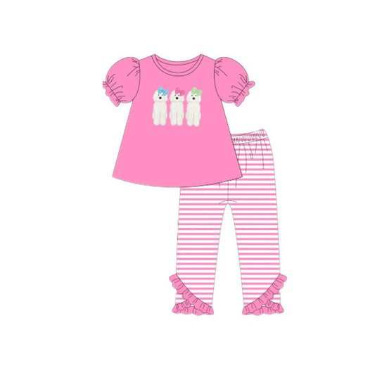 MOQ 5 preorder GSPO2147 Cute Bows Puppy Pink Puff Short Sleeve Stripe Pants Girls Set 202510