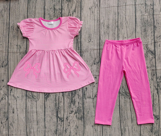 NO MOQ preorder GSPO2150 Embroidered Pink Bows Striped Puff Short Sleeve Pants Girls Sets 202511