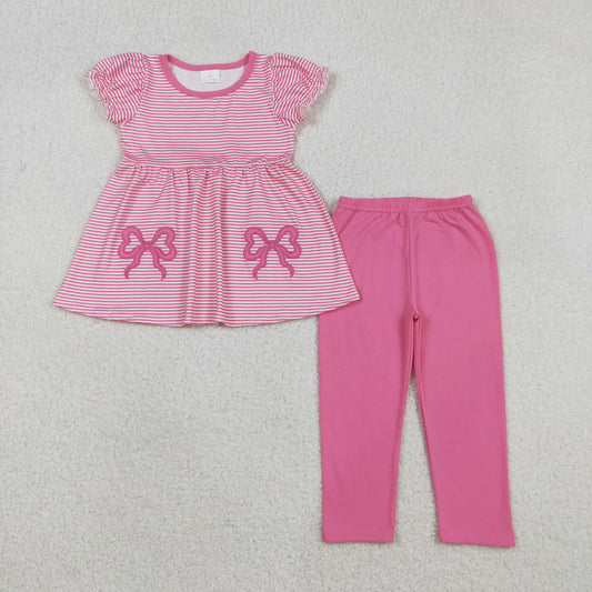 GSPO2150 Embroidered Pink Bows Striped Puff Short Sleeve Pants Girls Sets 202511 RTS