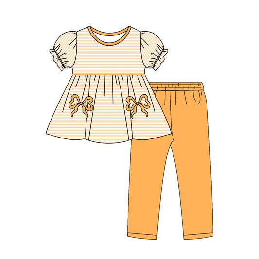 MOQ 5 preorder GSPO2152 Orange Bows Striped Puff Short Sleeve Pants Girls Sets 202510