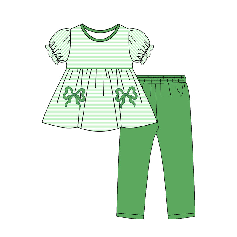 MOQ 5 preorder GSPO2154 Green Bows Striped Puff Short Sleeve Pants Girls Sets 202510