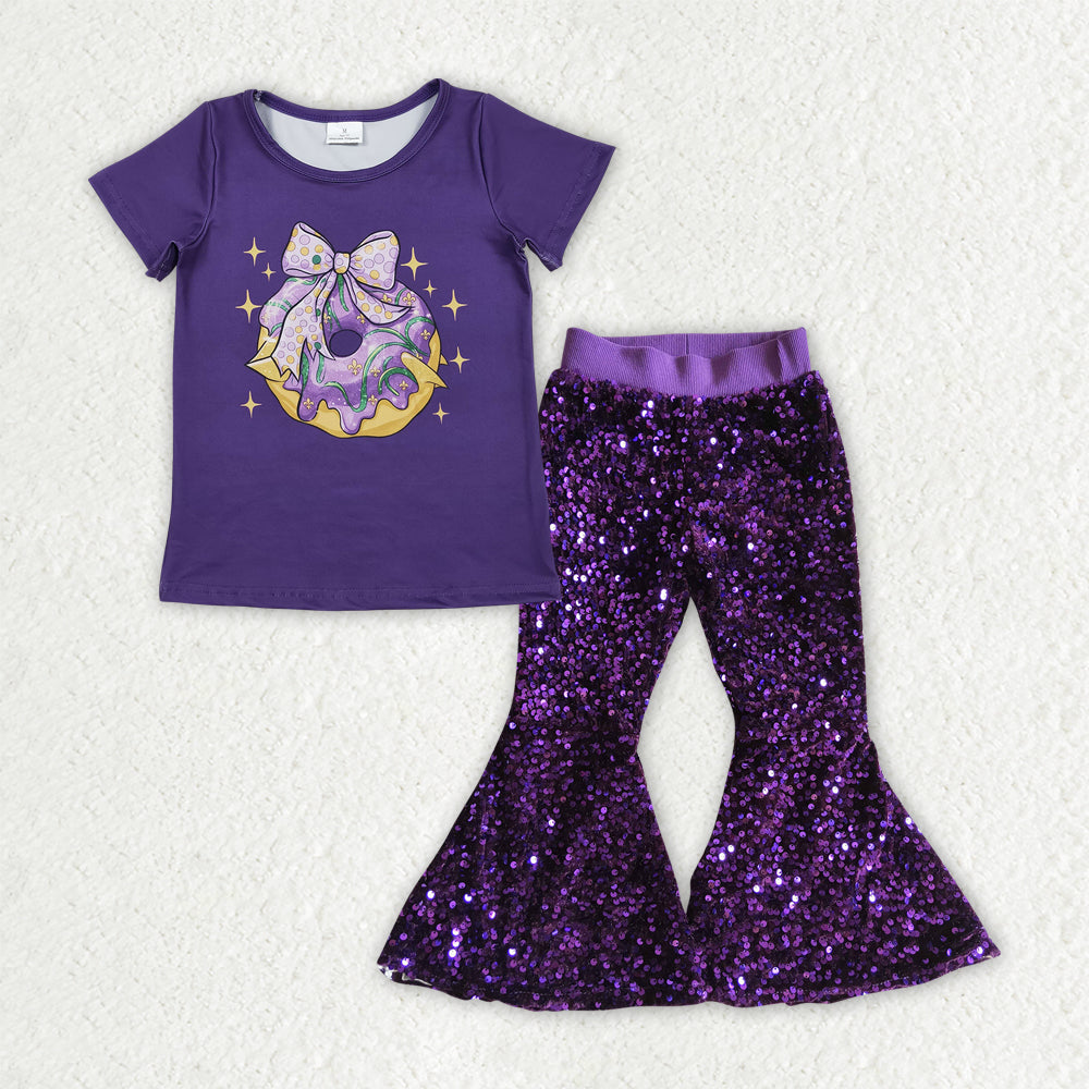 GSPO2158 Mardi Gras Purple Short Sleeve Sequin Bell Bottom Pants Girls Sets 202510 RTS