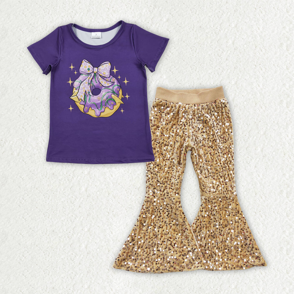 GSPO2159 Mardi Gras Purple Short Sleeve Khaki Sequin Bell Bottom Pants Girls Sets 202510 RTS