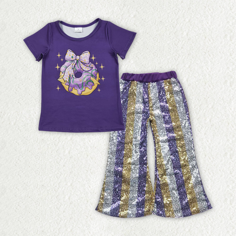 GSPO2160 Mardi Gras Purple Short Sleeve Purple Gold Silver Stripe Sequin Bell Bottom Pants Girls Sets 202510 RTS