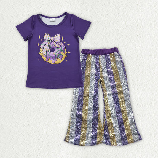 GSPO2160 Mardi Gras Purple Short Sleeve Purple Gold Silver Stripe Sequin Bell Bottom Pants Girls Sets 202510 RTS