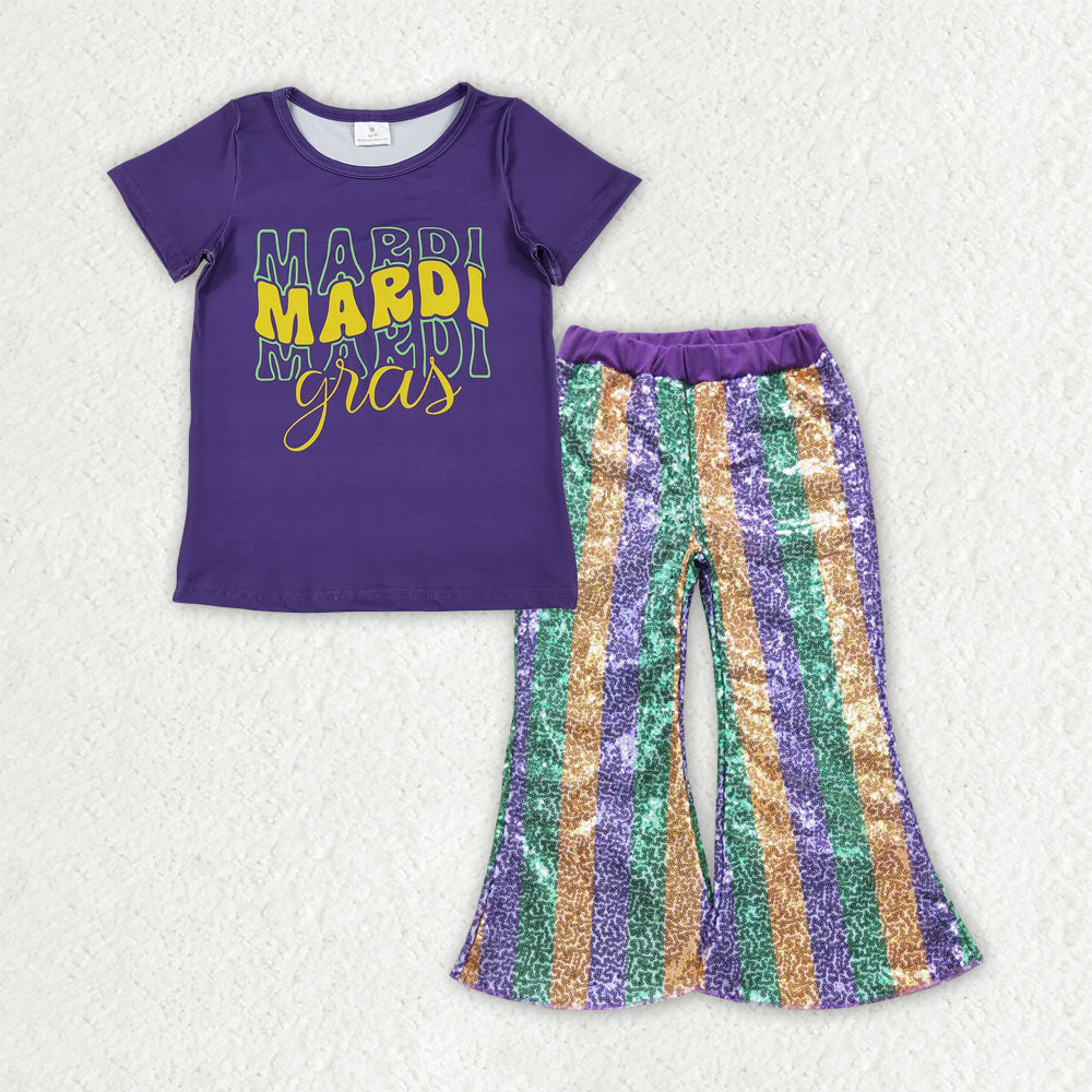 GSPO2163 Mardi Gras Letter Purple Short Sleeve Purple Yellow Green Stripe Sequin Bell Bottom Pants Girls Sets 202510 RTS