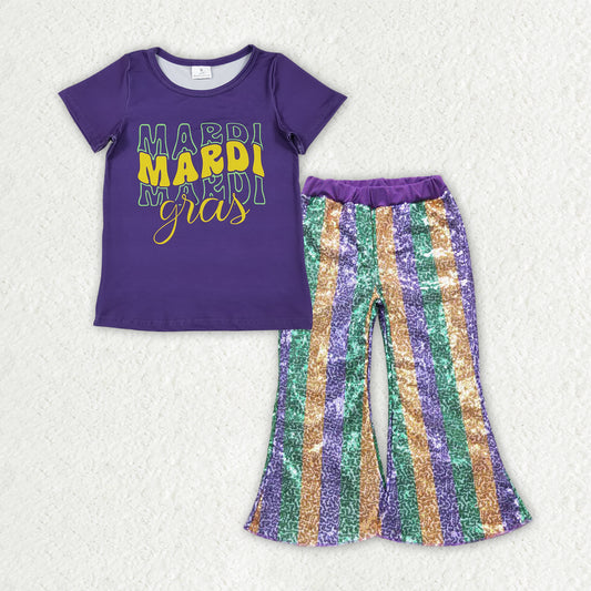 GSPO2163 Mardi Gras Letter Purple Short Sleeve Purple Yellow Green Stripe Sequin Bell Bottom Pants Girls Sets 202510 RTS