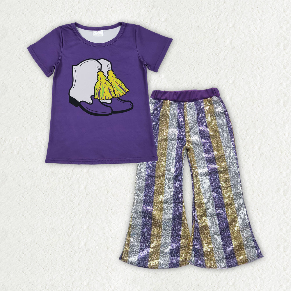 GSPO2164 Mardi Gras Boots Purple Short Sleeve Purple Gold Silver Stripe Sequin Bell Bottom Pants Girls Sets 202510 RTS