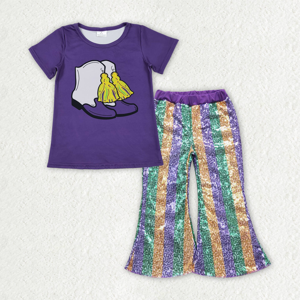 GSPO2165 Mardi Gras Boots Purple Short Sleeve Purple Yellow Green Stripe Sequin Bell Bottom Pants Girls Sets 202510 RTS