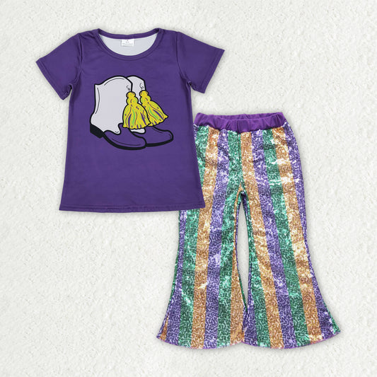 GSPO2165 Mardi Gras Boots Purple Short Sleeve Purple Yellow Green Stripe Sequin Bell Bottom Pants Girls Sets 202510 RTS