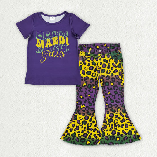 GSPO2166 Mardi Gras Letter Purple Short Sleeve Leopard Denim Bell Bottom Pants Girls Sets 202510 RTS