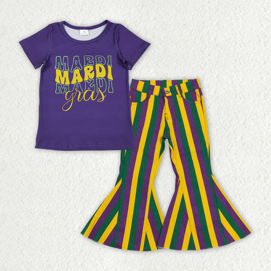 GSPO2167 Mardi Gras Letter Purple Short Sleeve Stripe Denim Bell Bottom Pants Girls Sets 202510 RTS