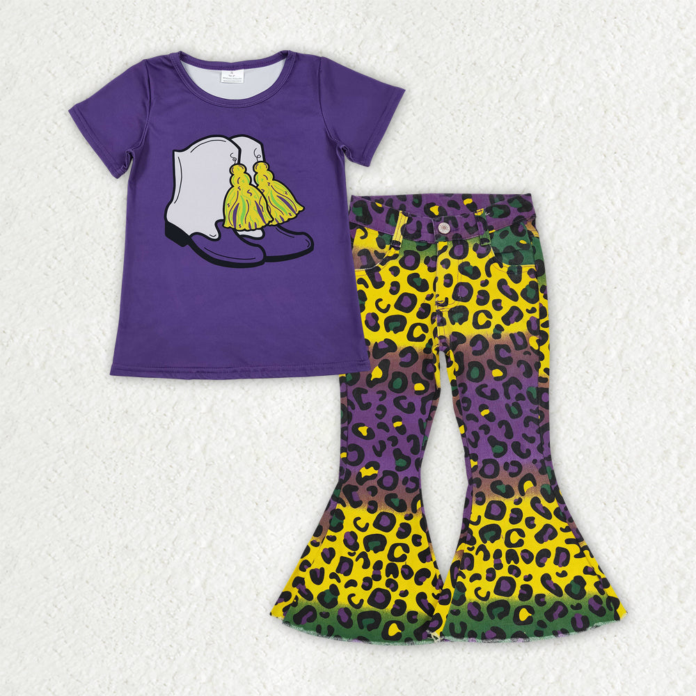 GSPO2168 Mardi Gras Boots Purple Short Sleeve Leopard Denim Bell Bottom Pants Girls Sets 202510 RTS