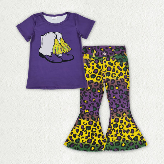 GSPO2168 Mardi Gras Boots Purple Short Sleeve Leopard Denim Bell Bottom Pants Girls Sets 202510 RTS
