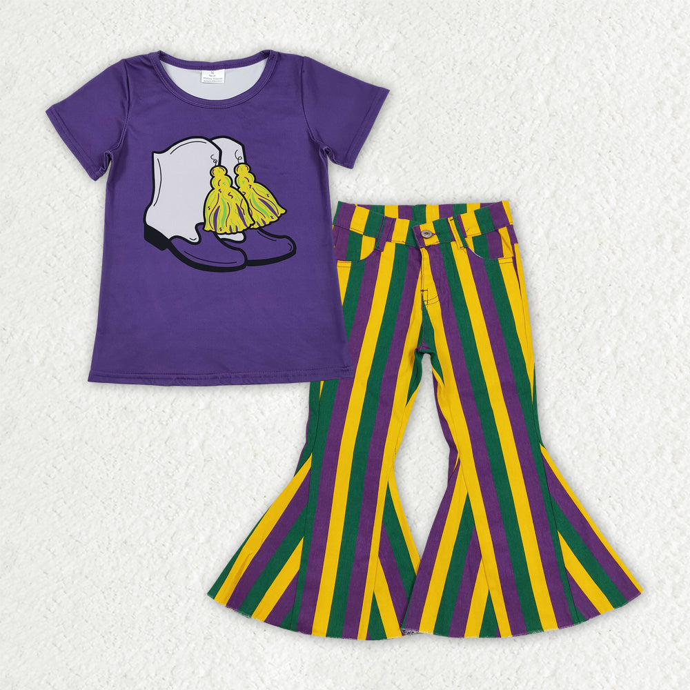 GSPO2169 Mardi Gras Boots Purple Short Sleeve Stripe Denim Bell Bottom Pants Girls Sets 202510 RTS