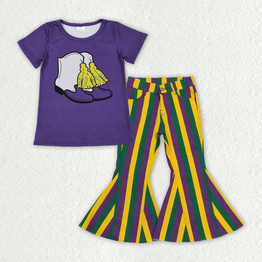 GSPO2169 Mardi Gras Boots Purple Short Sleeve Stripe Denim Bell Bottom Pants Girls Sets 202510 RTS