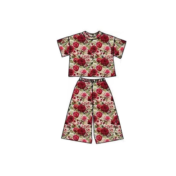 MOQ 5 PCS preorder GSPO2174 Red Rose Pattern Short Sleeve Pants Girls Set 202511