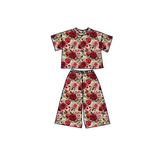 MOQ 5 PCS preorder GSPO2174 Red Rose Pattern Short Sleeve Pants Girls Set 202511