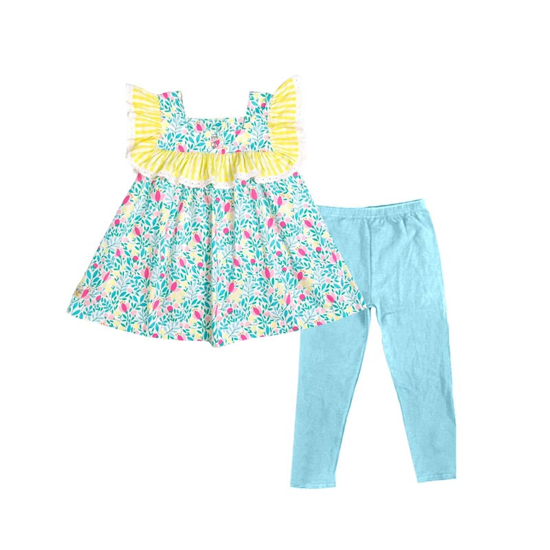 MOQ 5 PCS preorder GSPO2180 Flower Leaf Yellow Stripe Ruffle Sleeveless Blue Pants Girls Set 202511